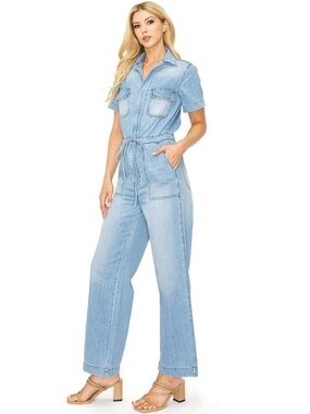 KanCan Light Blue Denim Short-Sleeve Jumpsuit with Drawstring Waist